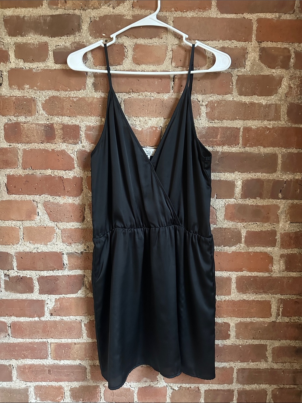 Wayf Black Satin Surplice Mini Dress
